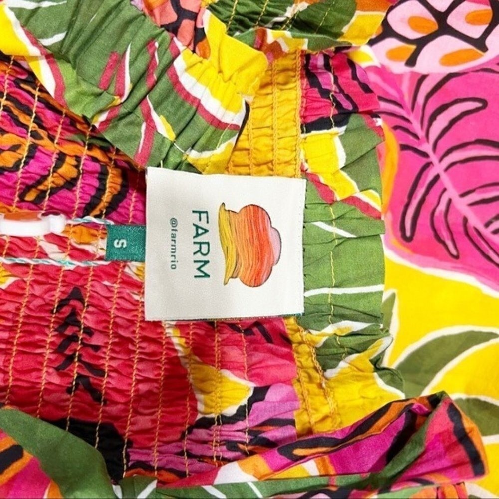Farm Rio Yellow Tropical Pineapple Parrot Smocked Maxi Dress | Size Small - Picture 10 of 16